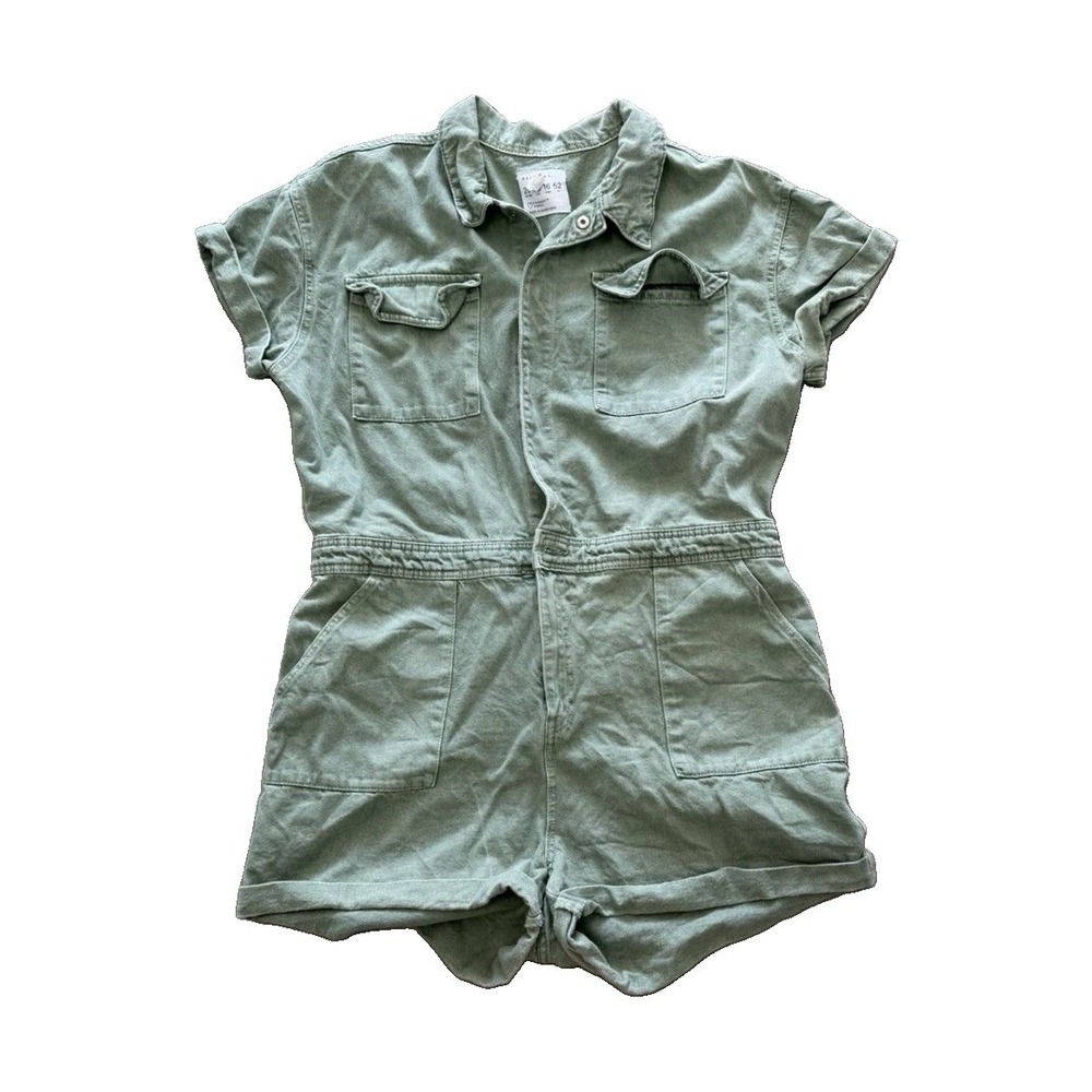 Primark Green Denim Utility Romper Women's Size 16 Collared Button Front